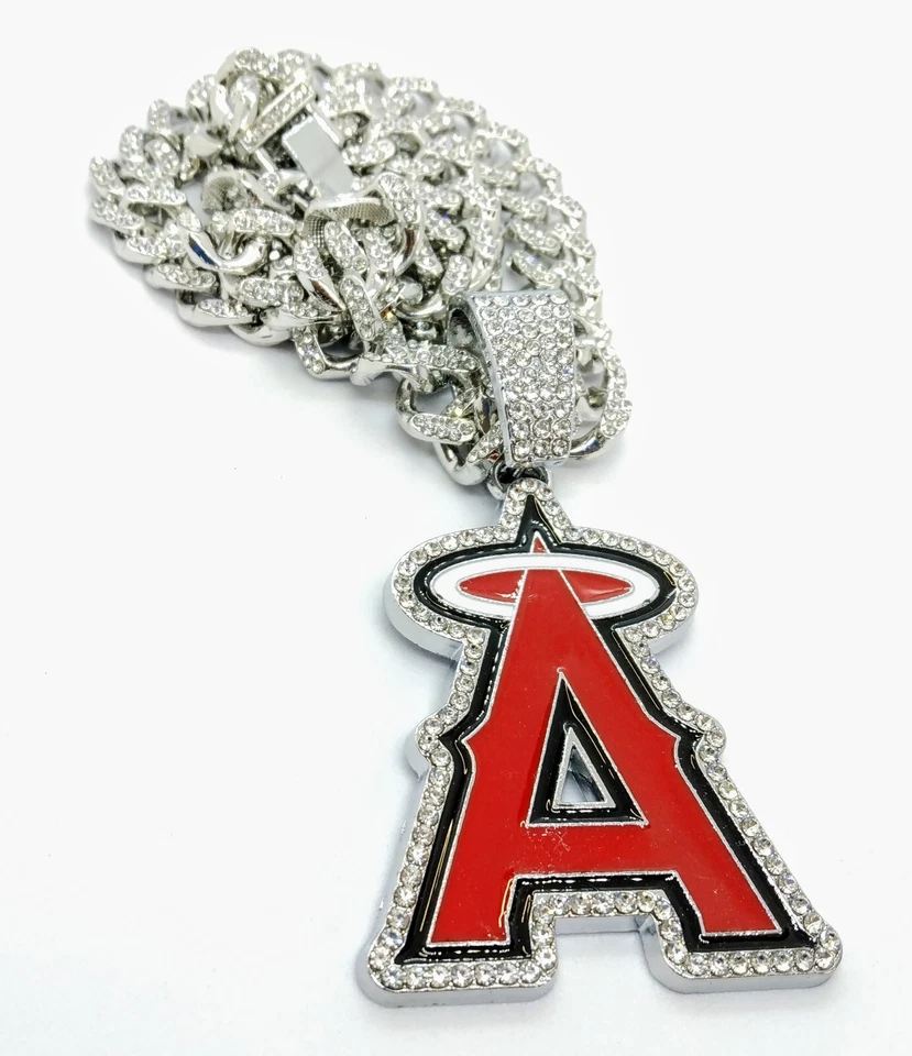 LOS ANGELES ANGELS GEM NECKLACE Silver Bling Baseball Hip Hop Pendant 20" Chain - Image 1 of 4