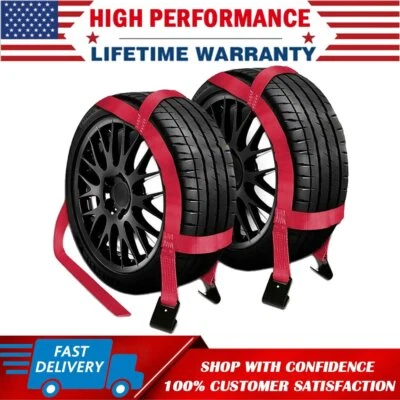 Heavy Duty 2PCS RED Car Tire Tow Dolly Straps Basket Tie Down Strap w/ Flat Hook - Image 1 of 4