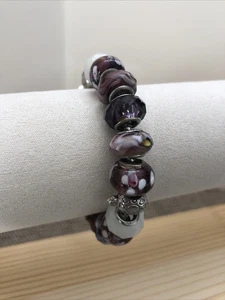 Purple Glass Bead Chain Charm Bracelet 6.5” Silver Tone - Picture 1 of 6