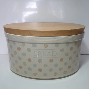 Large Ceramic Bread Bin Cream Beige w Polka Dots & Wooden Lid Ex. Cond Kitchen - Picture 1 of 24