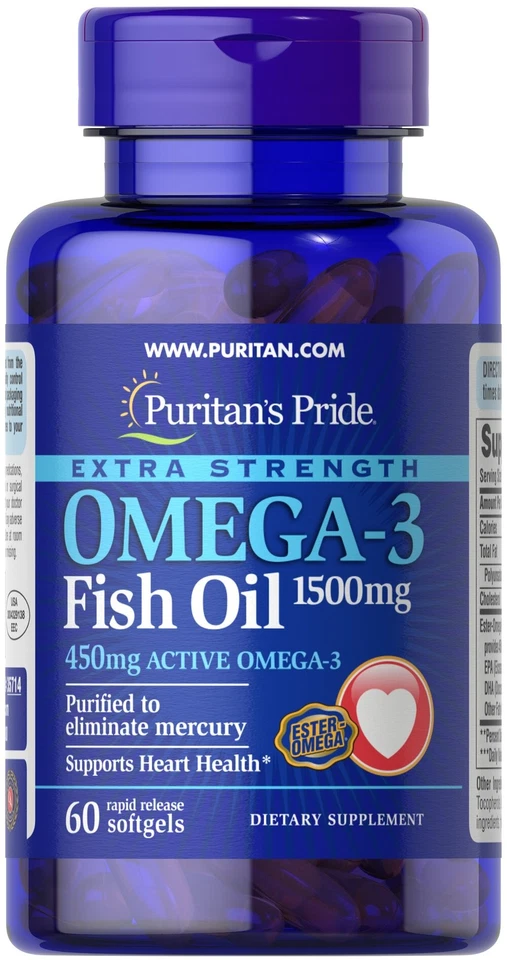 Aceite de pescado omega-3 extra fuerte 1500 mg (450 mg omega-3 activo)-60 cápsulas blandas Foto 1 de 1