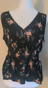 Women’s REWIND Floral Black/Pink Top Tank Medium Sleeveless Blouse Cringed Waist - Picture 1 of 9