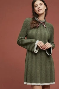 Anthropologie Arsenau Ribbed Bell Sleeve Mini Sweater Dress XS Wool Alpaca Retro - Picture 1 of 12