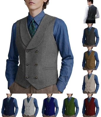 Shawl lapel Waistcoats Mens Double-breasted Tweed Vests Herringbone Wedding Wool - Photo 1/4