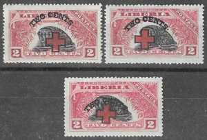 Liberia 1918 RED CROSS, 2c on 2c civet X3, the CENTERS are MISPLACED #B4 - Picture 1 of 1