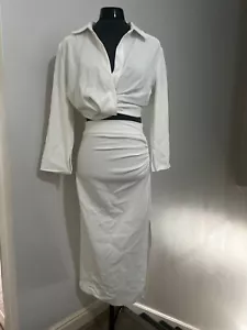 ZARA bianco coordinato gonna abbinata crop top manica a campana camicia top XS 6 8 - Foto 1 di 13
