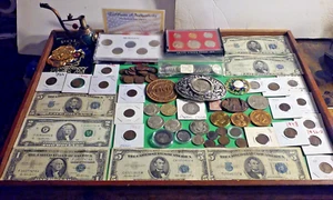 Junk Drawer Lot US Coins $5/2 Currency Bills Tokens Medals Some Silver + More - Picture 1 of 24