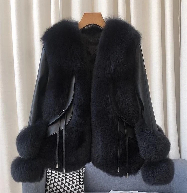 Women's New Winter Warm Genuine Fox Fur Coat Sheepskin Leather Goose Down Coat - Image 1 of 4