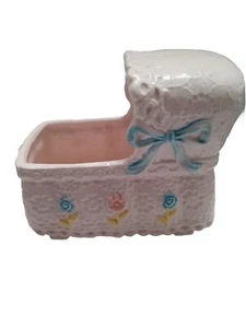 Vtg Napcoware Musical Baby Bassinette Planter 6283 Japan Pink Blue Yellow. EUC - Picture 1 of 4