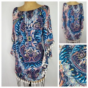Umgee Size M/L Dress Oversized Smocked Rainbow Paisley Fringe Tassel Bell Sleeve - Bild 1 von 11