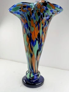 Vintage Confetti Crimped End Of Day Cobalt Blue Art Glass Vase 11” Maybe Czech - Picture 1 of 8