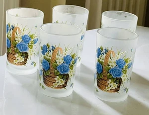 Vtg BLUE ROSES Floral Frosted JUICE GLASSES Cottagecore Garden Briliant SET OF 5 - Picture 1 of 10