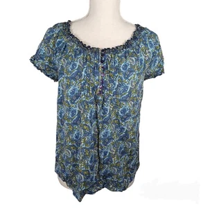 Paisley Shirt Small 4-6 Blue & Green -Short Sleeve -Crinkled Hem -Faded Glory - Picture 1 of 13