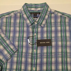 Michael Kors kariertes Leinenhemd Amazonasgrün Slim Fit Kurzarm Herren XL - Bild 1 von 10