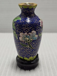 Vintage Mini Cloisonné 3” Vase With Hand Painted Gold Accents & Wooden Base - Picture 1 of 11
