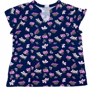 Top LuLaRoe MEDIUM LAYLA mandarino con colletto diviso ~ LILLA e floreale navy; taglie 8-10 - Foto 1 di 4