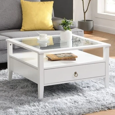 FURNITURE IN FASHION Stanley Square Glass Coffee Table With 2 Drawers In White