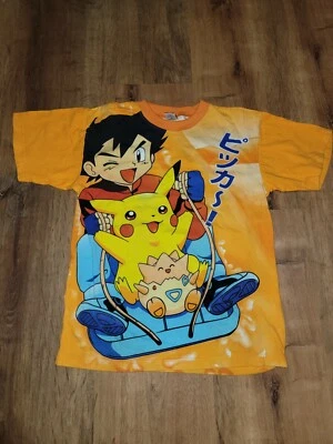 RARE Boys Vintage Pokemon Pikachu And Ash Full Print Greatwear Orange Shirt #150 - Image 1 of 4