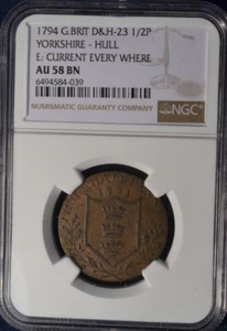 1794 Yorkshire 1/2 Penny Conder Token D&H-23 NGC AU 58 BN - Picture 1 of 2