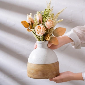 Rustic Farmhouse Flower round Ceramic Striped Vase, Brown and White Modern Decor - Picture 1 of 12