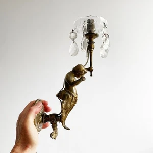 Antique Brass Cherub Wall Light Sconce with Cut Glass Drops - Picture 1 of 10