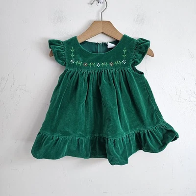 Vintage Green Velvet Toddler Dress Embroidered Flowers Ruffle Hem 90s Size 4 - Image 1 of 4