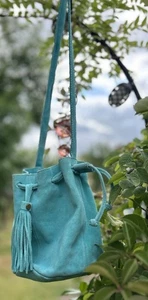 Promod Suede Leather Drawstring Cross Body Bucket Bag Turquoise - Picture 1 of 20