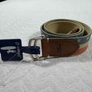 Johnnie-O Herren Gr. S Canvas Gürtel USA Flagge Sterne Streifen Lederbesatz Hergestellt in den USA Neu - Bild 1 von 9