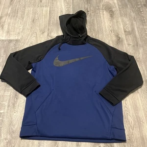 NIKE Hoodie Men's Blue Black Sweatshirt Dri Fit Performance Swoosh Raglan Large - Picture 1 of 9