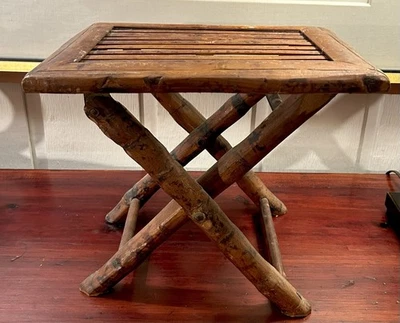 Vintage Folding Bamboo Wood Side Table Foot Stool 11”x13”x11” Portable - Image 1 of 4