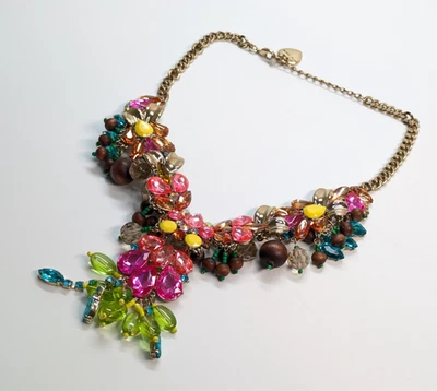 Betsy Johnson Chunky CALYPSO Multicolor Statement Crystals Wood Necklace 20" - Image 1 of 4