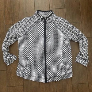 T by Talbots Damen Jacke Mantel XL blau weiß Stretch geometrisch durchgehender Reißverschluss Taschen - Bild 1 von 5