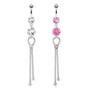 14G 3/8" Large Round Gem with Gemmed Bolo Tie Chain Dangle 316L Steel Navel Ring - Picture 1 of 1