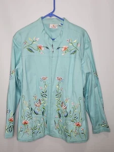 QUACKER FACTORY Women’s Jacket 2X Embellished Blue Denim Full Zip Boho Hippie - Picture 1 of 8