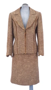 Ecaille Paris Skirt Suit Tweed Brown Wool Blend Fur Trim Blazer Vintage UK 14/16 - Picture 1 of 21
