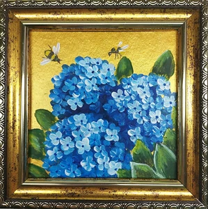 Bee Painting Bumblebee on hydrangea Miniature Art Honeybee Insects Gold Framed - Picture 1 of 8