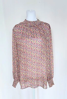 Renuar Womens Size Small Long Sleeve Smocked Neck Chiffon Metallic Blouse Pink - Image 1 of 4