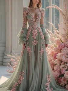 Elegante V-Ausschnitt Abendkleider schick Blumen Braut Morgenmantel süß 16 Brautkleider - Bild 1 von 3
