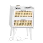 White Rattan Nightstand With Charging White+Two Drawers+Charging Station