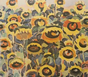 Vintage reproduction art print landscape with sunflowers - Picture 1 of 13