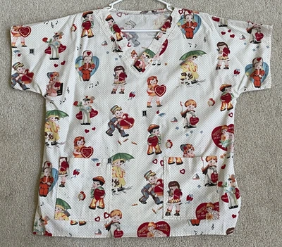 Handmade OOAK White w Hearts Victorian Valentine's Women's Scrub Top L(?)* - Image 1 of 4