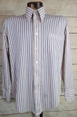 Vintage 60's 70's Disco Shirt Mens M White Blue Red Stripe AOP Rockabilly MCM - Image 1 of 4