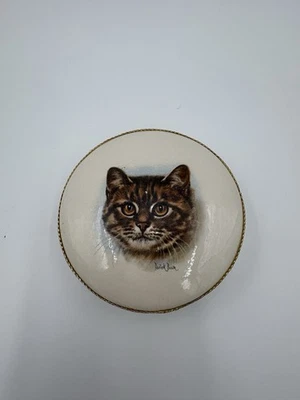 Plato de caja de baratija vintage Derick Brown Tabby Cat con borde dorado Foto 1 de 3