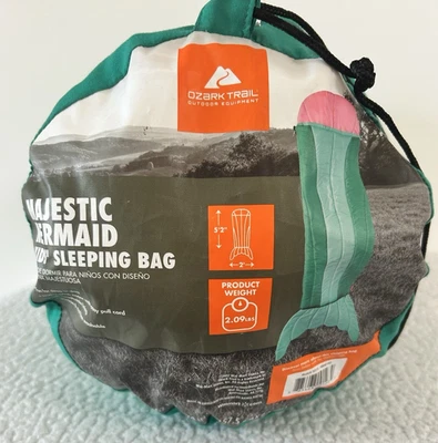 OZARK TRAIL MAJESTIC MERMAID KIDS SLEEPING BAG 5' 2" X 2' GREEN & PINK CAMPING - Image 1 of 4