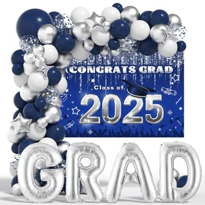 Class of 2025 Navy Blue Graduation Balloons Garland Arch with Grad Backdrop 2... - Picture 1 of 6