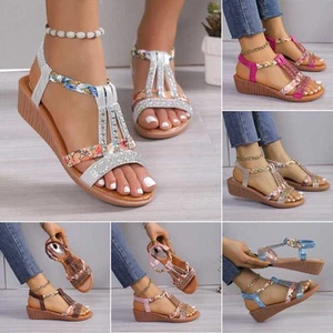 Casual Ladies Flat Low Wedge Sandals Women Summer Beach Strappy Open Toes Shoes - Picture 1 of 71