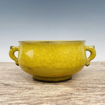 Quemador de incienso de doble oreja grieta de hielo amarillo porcelana horno guan dinastía Song de 10" Foto 1 de 4