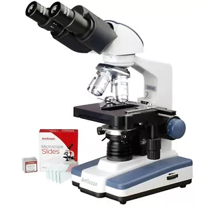 Microscopio compuesto binocular de laboratorio LED AmScope 40X-2500X con escenario mecánico 3D + diapositivas - Imagen 1 de 13