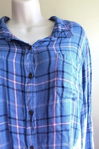 Norm Core Indigo Womens XL Rayon Plaid Button Up Shirt LS Indigo Blue Magenta - Picture 1 of 7