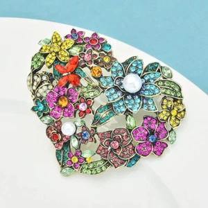Big Multicolor Rhinestone Flower Heart Brooch Pins Women Party Jewelry Gifts - Picture 1 of 9
